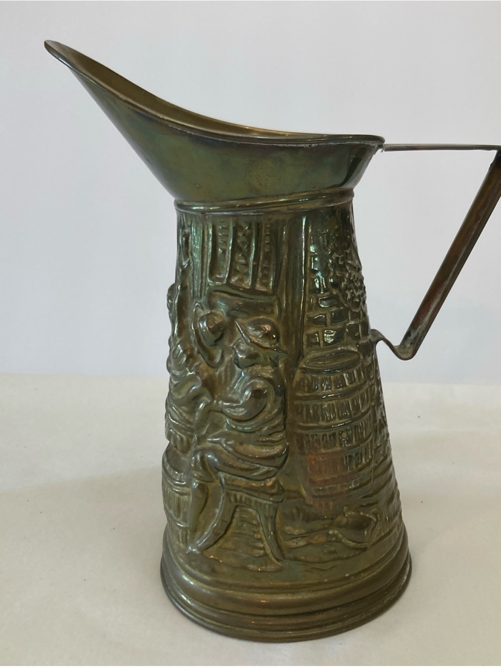 Vintage Hammered Brass Decorative Pitcher with Country Tavern Scene.